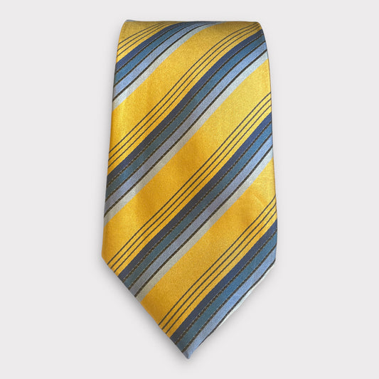 Gold with Blue shades Diagonal Pattern Thick Tie - Denim Republic