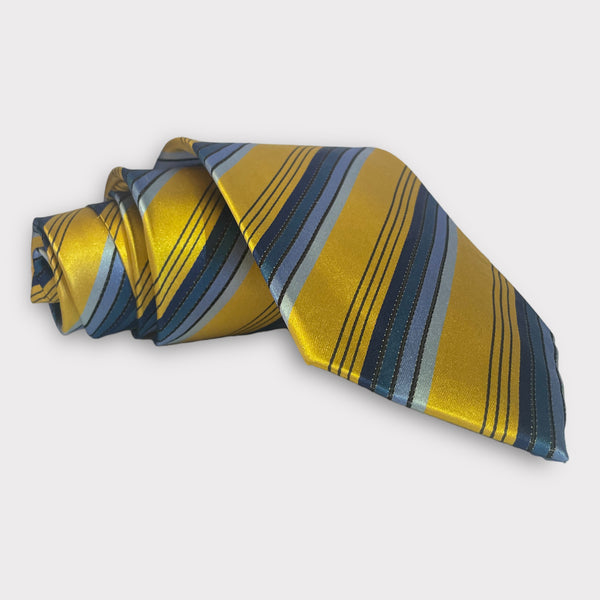 Gold with Blue shades Diagonal Pattern Thick Tie - Denim Republic