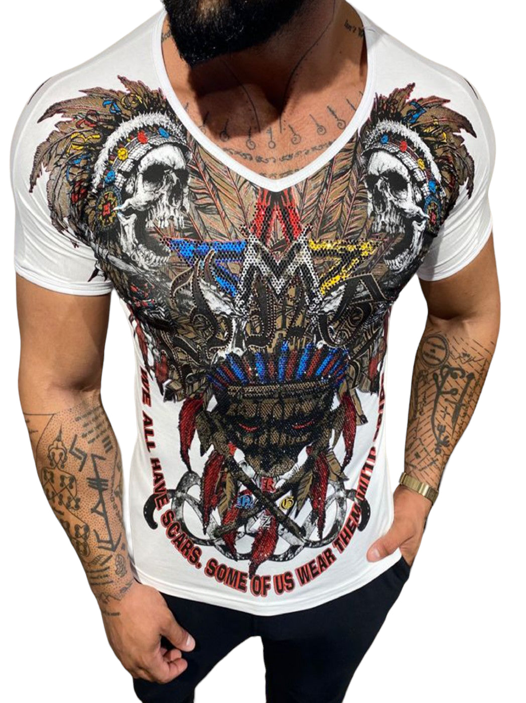 Rhinestone Men's T-shirt White #4012 KINGZ - Denim Republic