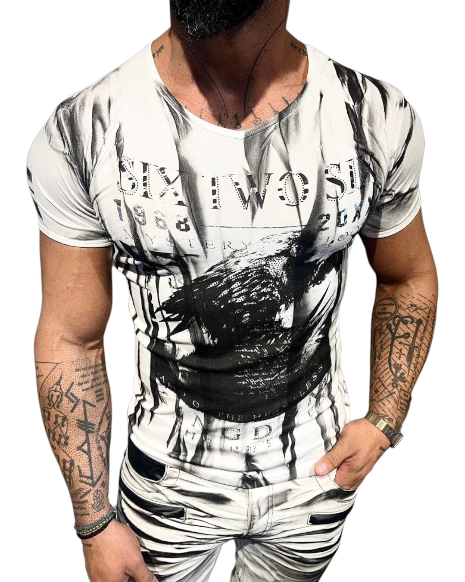 Rhinestone Men’s T-shirt White #1609  Sixtwosix