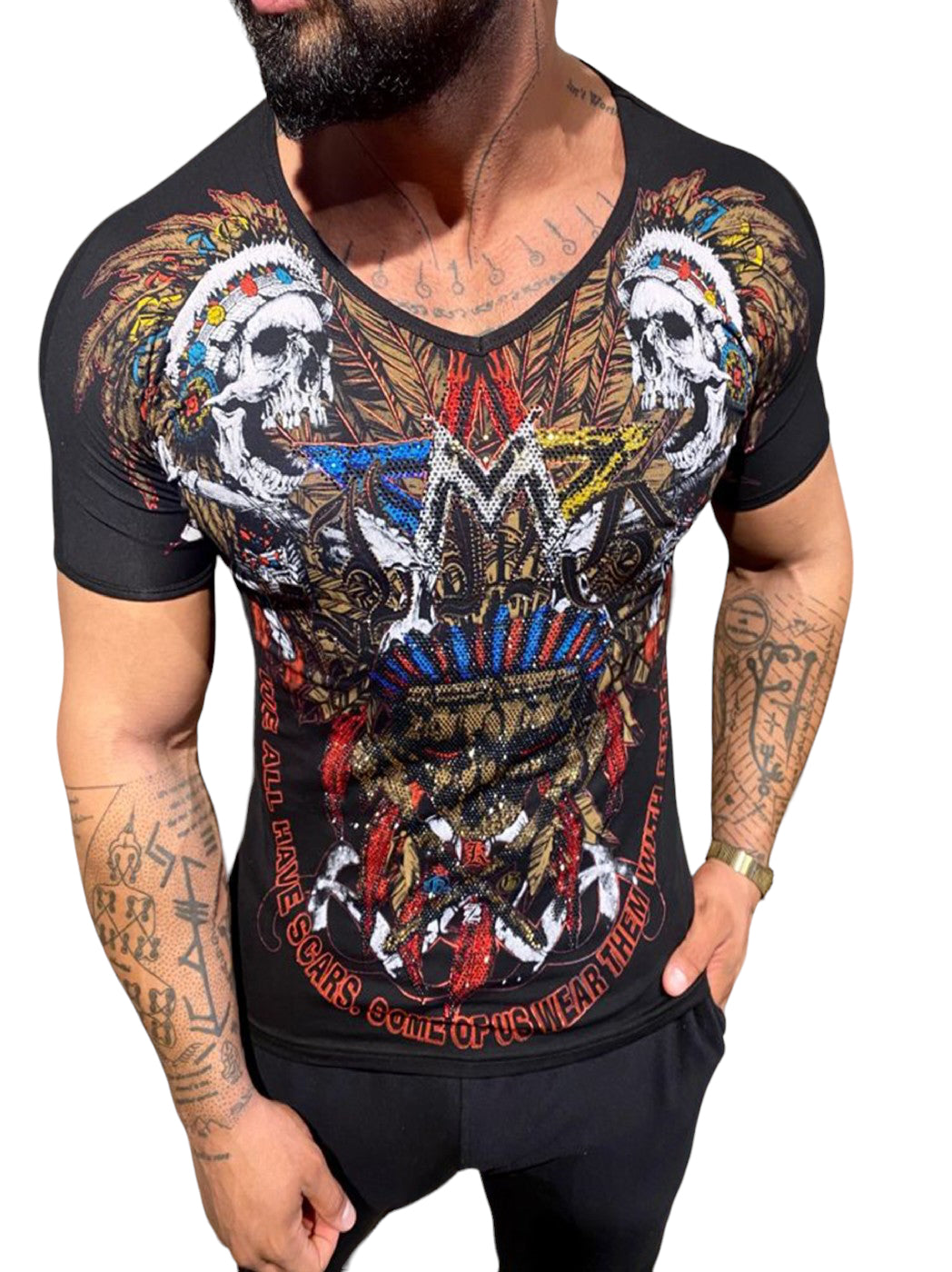 Rhinestone Men's T-shirt BLACK #4012 KINGZ - Denim Republic