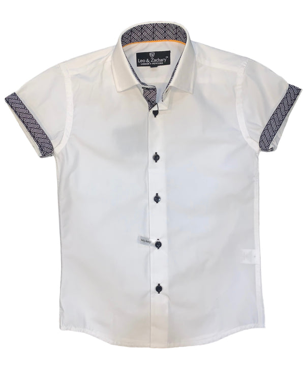 Kids formal Shirts Short Sleeve White Trims Black #5983 - Denim Republic